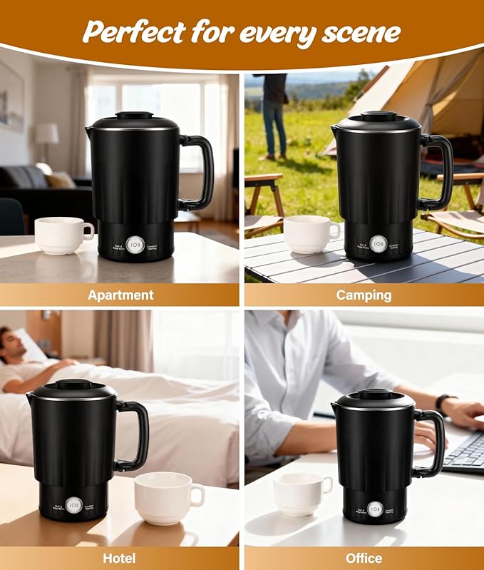 Portable Travel Electric Kettle, 600ML Small Water Kettle with Ceramic Cup, 304 Stainless Steel Water Boiler with Dual Power Control, Compact Design for Camping, RV, Business Trip & Hotel Stays, Black