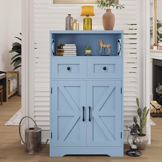 Farmhouse Light Blue Storage Cabinet with Barn Doors and Drawers, Freestanding Kitchen Pantry Cabinet, Hutch Cupboard for Kitchen, Laundry Room, Living Room