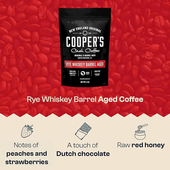 Rye Whiskey Barrel Aged Coffee, Single-Origin Ethiopian Beans Aged in Rye Whiskey Barrels, Medium Light Roast Whole Bean, 2 lb