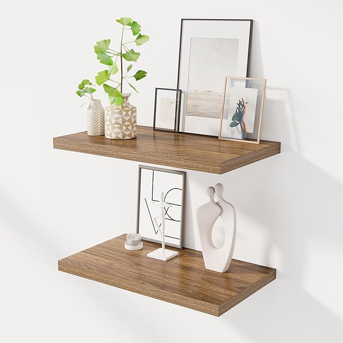 Dreamland 24" Floating Shelves for Wall, 12" Deep Slim Walnut Floating Shelves, Wall-Mounted Shelves for Bedroom, Living Room, Kitchen, Bathroom - Set of 2