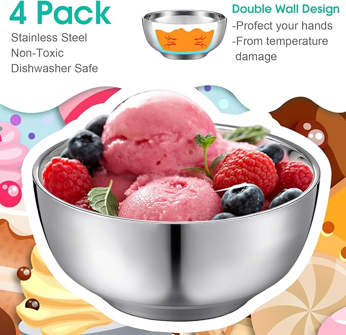 4 Pack 34 oz Stainless Steel Bowls Double Walled Insulated Soup Ice Cream Metal Mixing Nesting Bowls for Serving Soup Rice Cereal