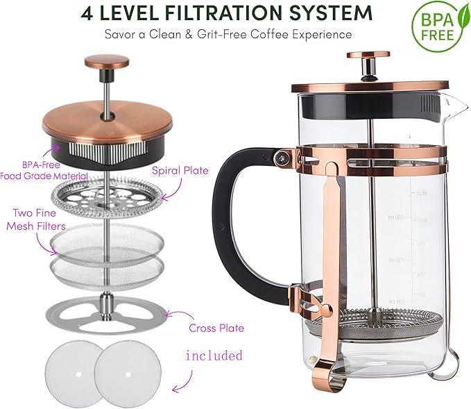 Coffee Maker 304 Stainless Steel French Press with 4 Filter, Heat Resistant Durable, Borosilicate Glass Coffee Press, 100% BPA Teapot, 34 ounce, copper