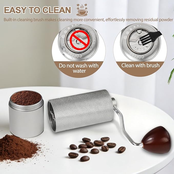 Non-Detachable Manual Coffee Grinder with 25 Level Stainless Steel Conical Burr Portable Aluminum Coffee Bean Grinder Suitable for Moka Pot Espresso French Press Pour Over Easy Cleaning with Brush