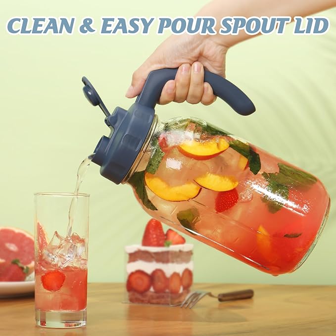 Soligt Glass Mason Jar Pitcher with Lid, Wide Mouth Flip Cap Pour Spout Leak-proof Lid with Handle, 64 oz (2 Quart / 1.9 Liter), for Sun Tea/Iced Tea/Juice/Cold Brew Coffee/Milk (1Pack, Hale Navy)
