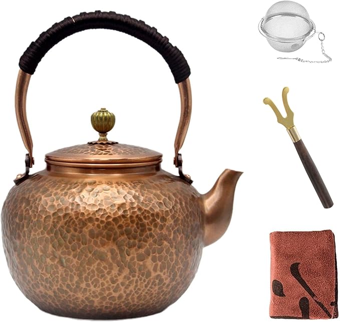 50.7oz Elegant Chinese Style Copper Tea Kettle For Stovetop, Non-Coating Pure Copper Teapot with Stainless Steel Infuser For Loose Tea, Large and Solid Tea Pot(1500ml)