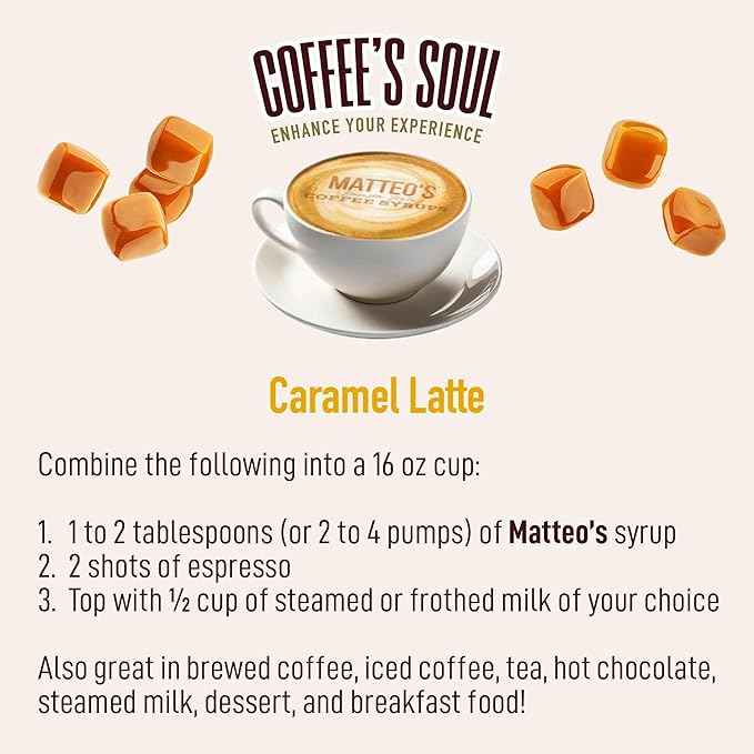 Matteo's Caramel Syrup for Coffee, Lattes, Cappuccinos & Desserts – Sugar-Free Sweetener for Beverages, Keto Friendly, Zero Calories, Indulgent Flavor, Non-Alcoholic, Ideal for Coffee 33.8oz (6pk)