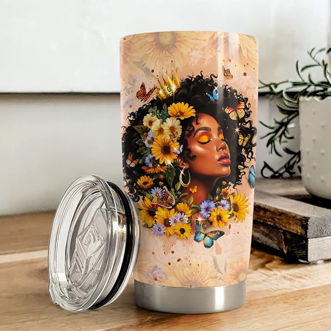 Black Woman Tumbler 20oz Stainless Steel Insulated Travel Mug Cup for Women Girls Gifts for Birthday Christmas