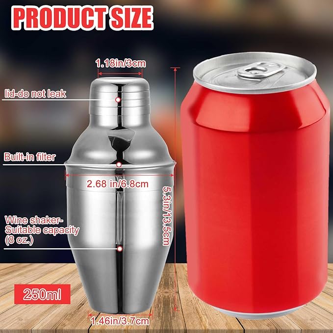 Nitial 9 Pcs Bar Cocktail Shaker Professional Stainless Steel Martini Drink Mixer Built-in Strainer for Bartending No Leaks Boston Shaker for Bar Party Drink Tool(Silver,8 oz)