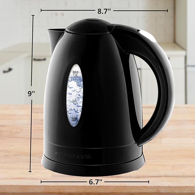 OVENTE Electric Kettle, 1.7L Fast Boiling Water Heater for Coffee or Tea, BPA Free with Water Level Gauge, Auto Shut-Off, Boil-Dry Protection, Indicator Light and Removable Filter, Black KP72B