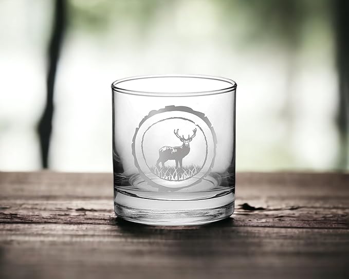 Hunting Gifts for Hunters and Outdoorsman Elk Deer Whiskey Glass with Coaster Rustic Décor for Mountain Cabin Lake House Beer Pint Glass Fishing Fisherman Dad (Deer, Single Whiskey Glass)
