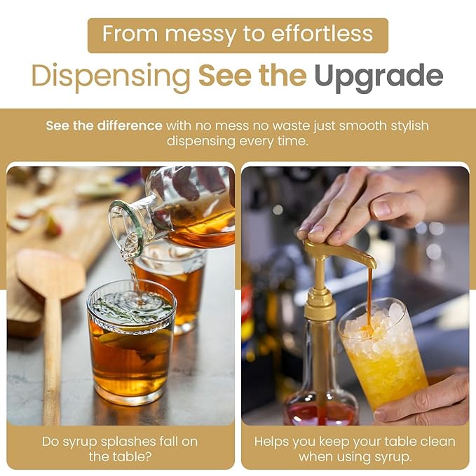 Syrup Pump for Coffee Syrup Bottles – 4-Pack Dispenser Pumps Fits 750ml / 25.4 oz Flavoring Syrup Bottles – Compatible with Torani & More – Gold Coffee Syrup Dispenser Pump for Home & Cafe Use.