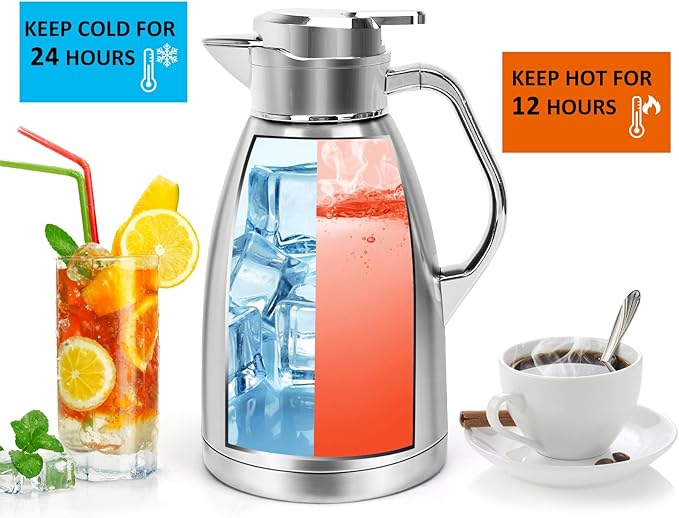 Coffee Carafes for Keeping Hot, ShineMe Stainless Steel Thermal Coffee Carafe with Cleaning Brush, Double Walled Vacuum Coffee Pot，61oz Insulated Tea & Coffee Dispenser, Long Heat/Cold Retention