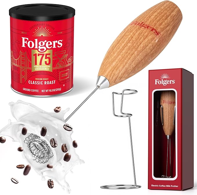 Folgers Electric Coffee Milk Frother – Handheld Battery-Operated Drink Mixer with Stainless Steel Whisk & Stand, Wood-Grain Finish, Perfect for Lattes, Cappuccinos & Hot Chocolate