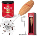 Folgers Electric Coffee Milk Frother – Handheld Battery-Operated Drink Mixer with Stainless Steel Whisk & Stand, Wood-Grain Finish, Perfect for Lattes, Cappuccinos & Hot Chocolate