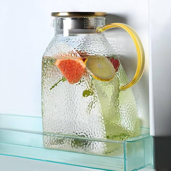 Glass Pitcher with Lid 1.8L, Borosilicate Glass Water Jug for Refrigerator Door, Hot & Cold Beverages, Leak-Proof Stainless Steel Lid with 2 Filter Holes for Iced Tea, Juice, Coffee, Milk