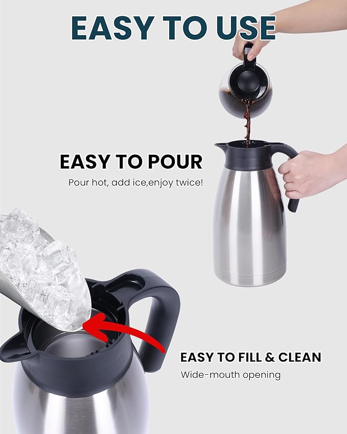 GiNT 74Oz Thermal Coffee Carafe, Insulated Stainless Steel Coffee Carafes for Keeping Hot/Double Walled Vacuum Thermal Carafe (Silver, 2.2L)