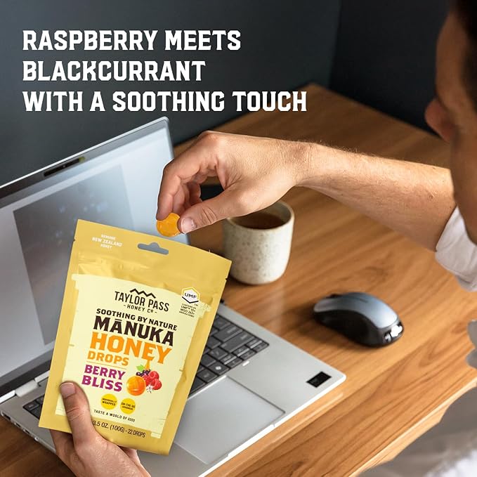 Taylor Pass Honey Co Mānuka Honey Drops UMF™ 10+ | Berry Bliss | Mānuka Honey Lozenges | Soothing Natural Manuka On-the-Go | 22 Individually Wrapped Drops | Made in New Zealand