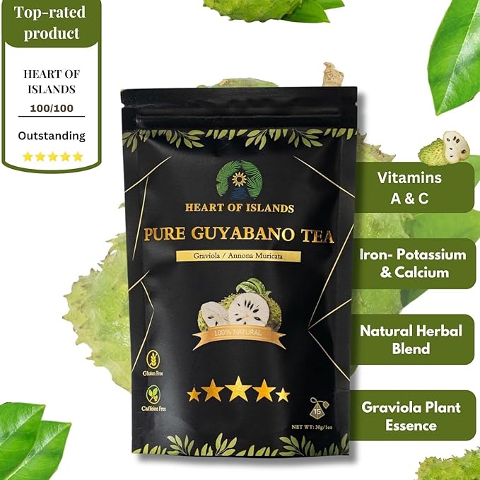 Heart of Islands KOSHER & HALAL Certified Soursop Tea Bags (2g Each) – Premium Guyabano (Graviola) Leaves from the Philippines – Organic Herbal Tea Bags Caffeine Free with Zero Calories 15 Count - Pack of 1