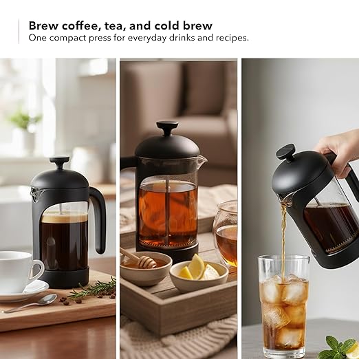 OVENTE French Press Coffee Maker 20 Ounce with Heat Resistant Borosilicate Glass & Stainless Steel 4-Level Filtration System, Portable Cold Brew Coffee Maker for Travel, Camping or Gift, Black FPB20B