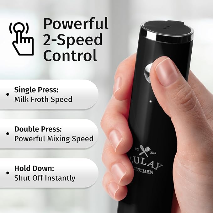 Zulay Kitchen Lux Electric Milk Frother Rechargeable Handheld - Powerful 2-Speed Motor, Waterproof, 2000mAh Battery - Drink Mixer for Latte, Cappuccino, Matcha & Protein Powder - Obsidian Black