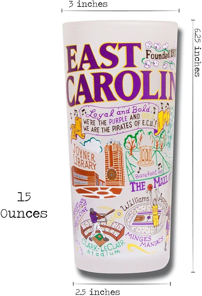 Catstudio Drinking Glass, East Carolina University Glass Cup for Kitchen, 15oz Dishwasher Safe Tumbler for ECU Alumni