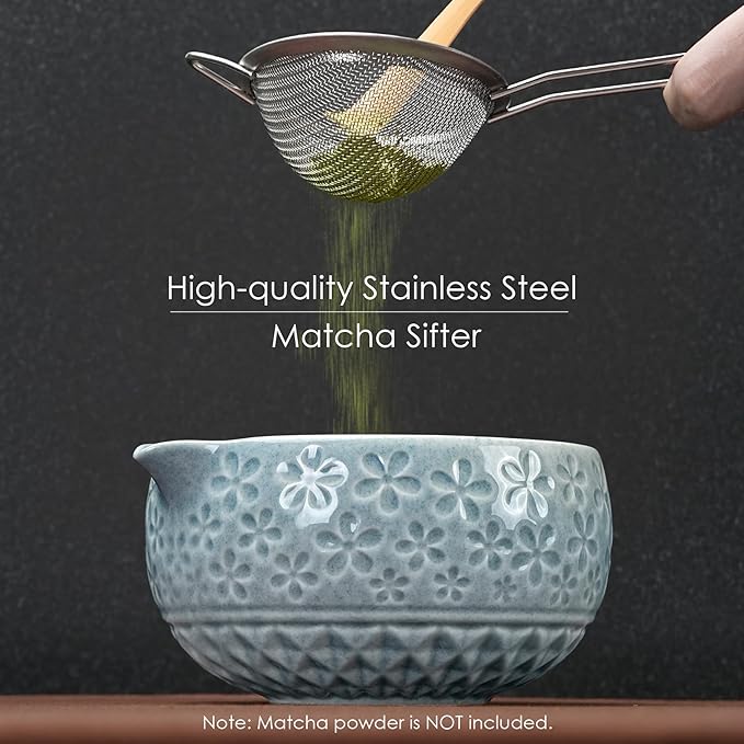 7Pcs Matcha Whisk Set, Ceramic Matcha Bowl with Spout, Bamboo Whisk and Holder,Bamboo Scoop,Scoop Rest,Sifter,Tea Towel, Matcha Kit with Cherry Blossom Carved Patterns for Matcha Lovers (Sakura Blue)