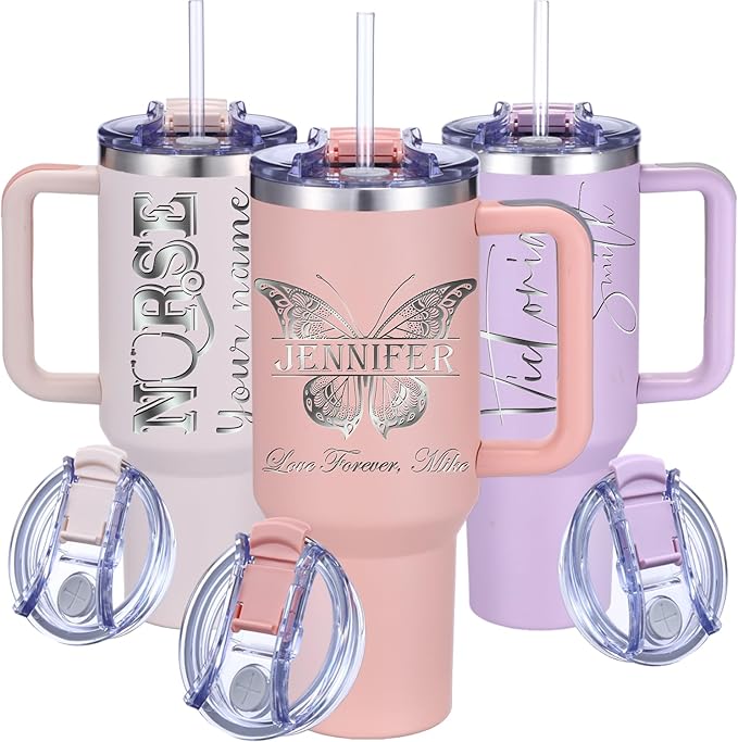 iProductsUS 40oz Personalized Tumbler with Handle & Straw Christmas Gift for Mom or Wife, Custom Engraved Tumbler, pill-Proof & Durable: Leak-resistant lid, BPA-free (Light Pink)