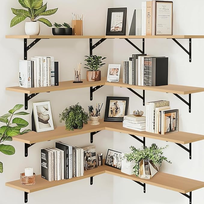 Kaboon 36 inch Long 10 inch Deep Floating Shelves for Wall Set of 2, Large Open Shelves Wall Mounted, Space Saving Home and Commercial Use, Light Walnut