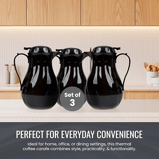 OCS Parts Set of 3 Easy Pour Thermal Coffee Carafes | 11-Inch Insulated Hot and Cold Beverage Pitcher Server for Coffee, Tea, Hot Chocolate and Water | 64-Ounce | Black