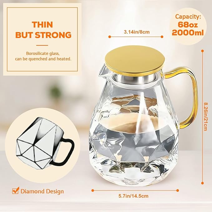 DUJUST Glass Pitcher with Golden Lid & Spout (68 oz), Elegant Diamond Design Water Pitcher with Handle, High Durability Jug for Fridge, Glass Carafe for Iced Tea/Juice/Beverage/Coffee/Drinks