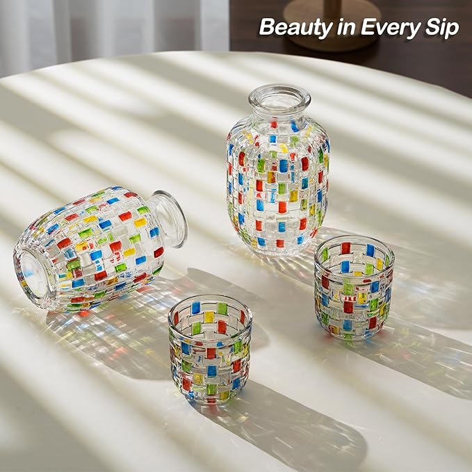 Bedside Carafe and Glass Pitcher Set of 4, Hand-Painted 16oz Glass Pitcher with Cup Lid -Christmas Gifts, Wedding & Bridal Shower Gift, Birthday Gift