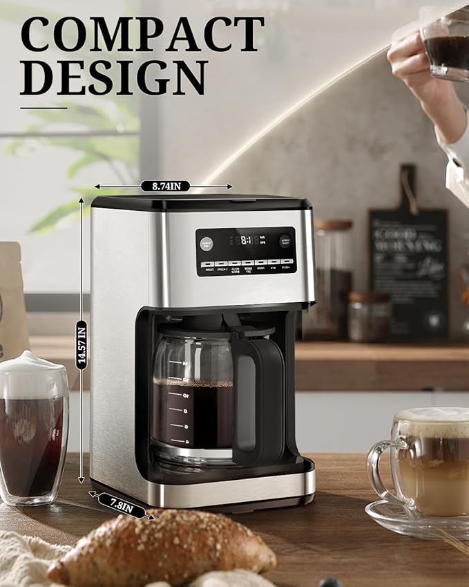 Kismile Coffee Maker, 14-Cup Programmable Drip Coffee Makers Machines with Timer, Reusable Filter & Keep Hot Plate, Auto Pause, Self-Cleaning, Stainless Steel