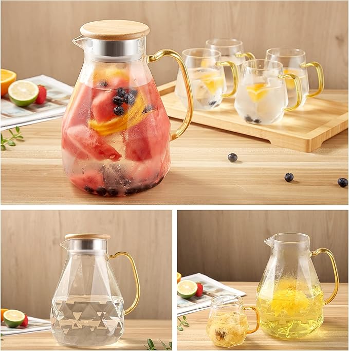 DUJUST 2 Litre Water Jug, Modern Diamond Design Glass Jug with Lid and Handle, High Durability Water Jug for Fruit Infuser Ice Tea, Hot Coffee, Milk