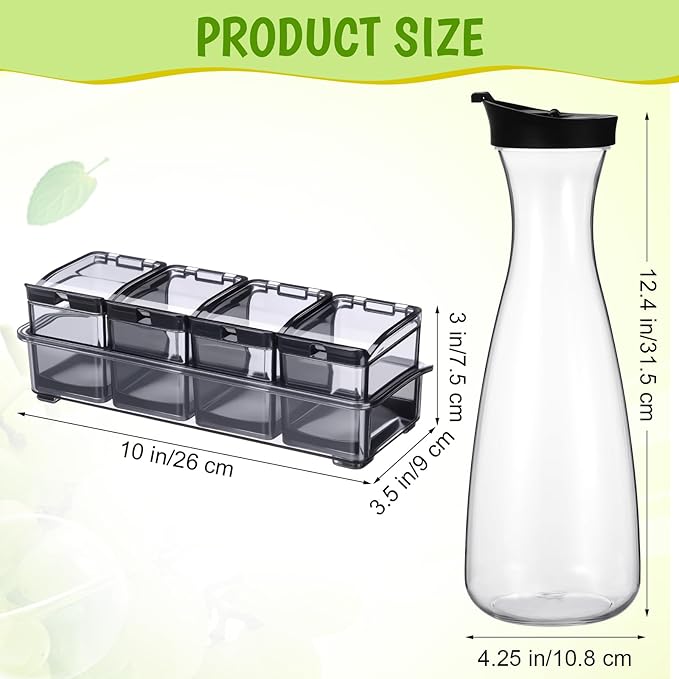 Honeydak 5 Pcs Mimosa Bar Supplies Include 4 Pcs 50 oz Plastic Carafe with Lids Clear Round Juice Pitcher Containers 1 Seasoning Box with Lid and Spoon for Christmas Party Serving Storage (Black)