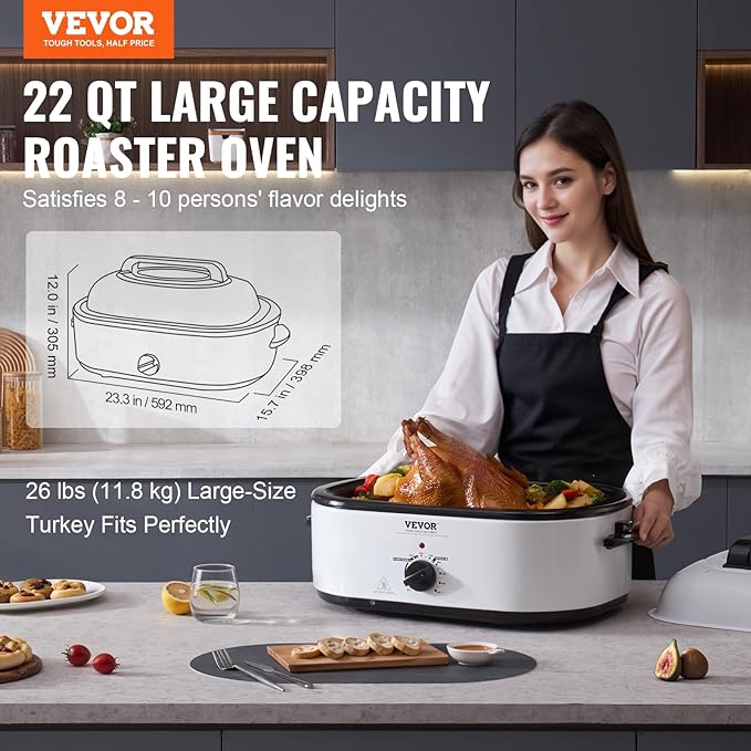 VEVOR Electric Roaster Oven, 22 QT Turkey Roaster with Self-Basting Lid, 1450W Roaster with Defrost & Warm Function, Adjustable Temp, Removable Pan & Rack, Fits Turkeys Up to 26LBS, White
