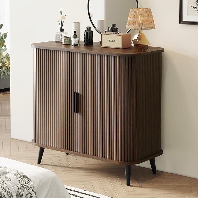 Accent Cabinet with Sliding Doors - Walnut Sideboard Buffet Cabinet with Storage for Coffee Bar, Console Table - MCM Design Bar Cabinets for Modern Home Décor