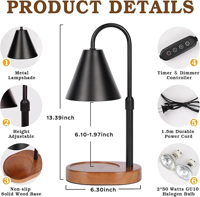 Candle Warmer Lamp With Timer Dimmable, Christmas Birthday Gifts for Women Mom, Modern Candle Lamp, Black Candle Warmer for Jar Scented Candles, Home Decor, Vintage Wax Melt Warmer with 2 Bulbs