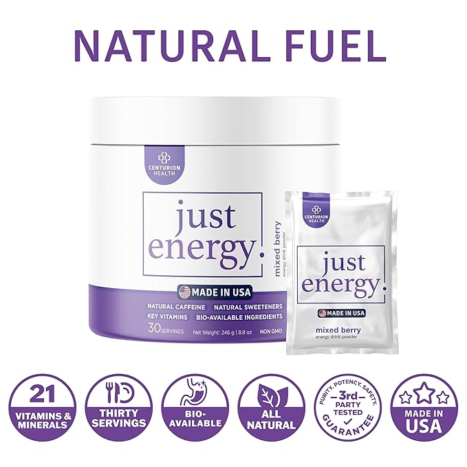 Just Energy Drink Powder, Refreshing Mixed Berry Energy Drink Mix with 21 Energy-Boosting Ingredients, Includes B Vitamins, Choline, Zinc, Chromium and Inositol, 30 Servings