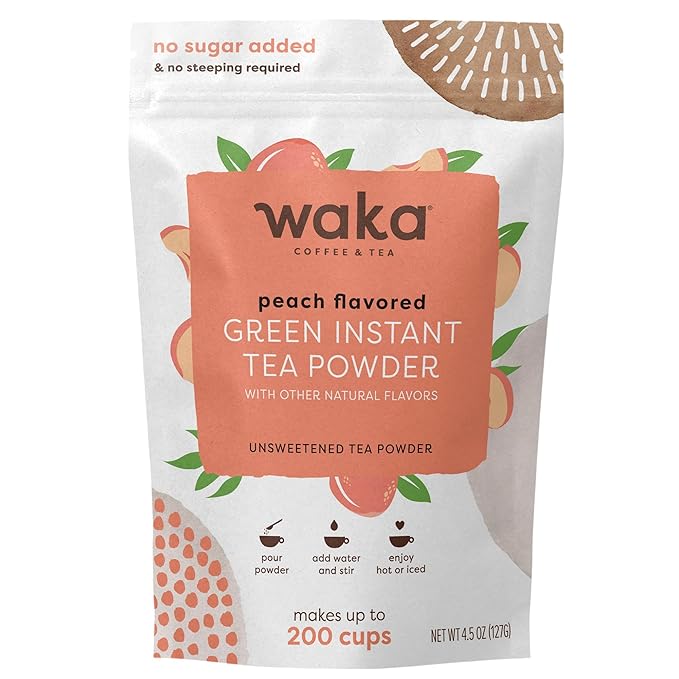 Waka Instant Green Tea Mix, Peach Flavored - 100% Tea Leaves, No Additives, Unsweetened Tea Powder in Bulk Pouch – Easy Quick Hot and Iced Teas, Up to 200 Cups (4.5oz)