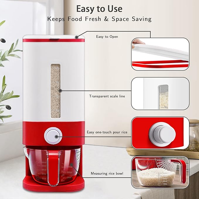 22-25 Lbs Rice Dispenser, Large Cereal Dry Food Storage Containers with Measuring Cup, BPA-Free Household for Kitchen Pantry Organization-Red