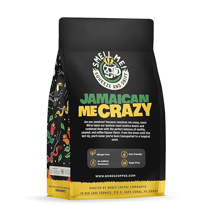 Bones Coffee Company Jamaican Me Crazy, Vanilla Caramel Flavored Coffee, Medium Roast Low Acid Arabica Beans Compatible with Auto drip and French Press Coffee Maker, 12 Oz Whole Bean