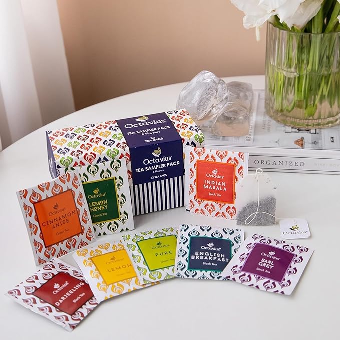 Octavius Tea Sampler Pack | 8 Assorted Black & Green Teas | 32 Premium Tea Bags | Variety Sampler Pack | Pack of 4