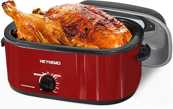 22 Quart Electric Roaster Oven with Viewing & Self-basting Lid, Turkey Roaster Oven with Removable Pan and Rack, RED