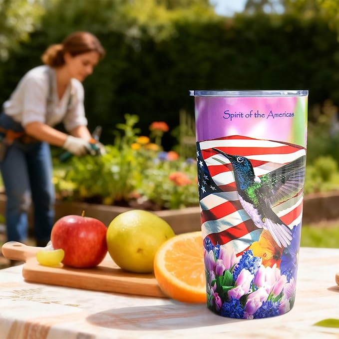 Hummingbird Tumbler - 20oz Stainless Steel Insulated | American Flag & Hummingbird Floral Design, Leak-Proof Patriotic Travel Mug for Hot/Cold Drinks, Hummingbird Gifts For Women, Her, Mom