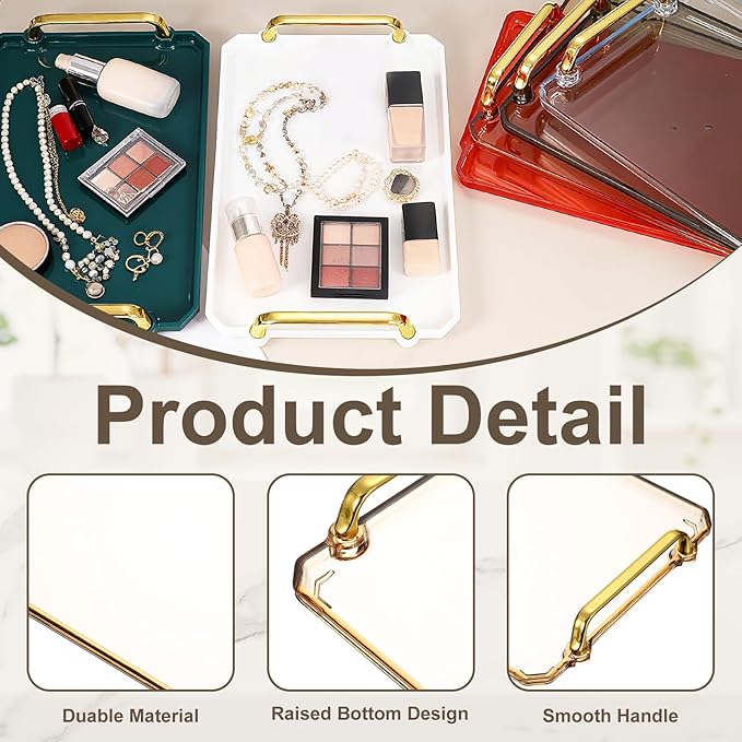 uxcell Plastic Serving Tray with Golden Handle, 16 x 8.7 Modern Rectangular Decorative Tray Acrylic Reusable Tea Platter for Countertop Bathroom Kitchen Home Restaurant, Gold