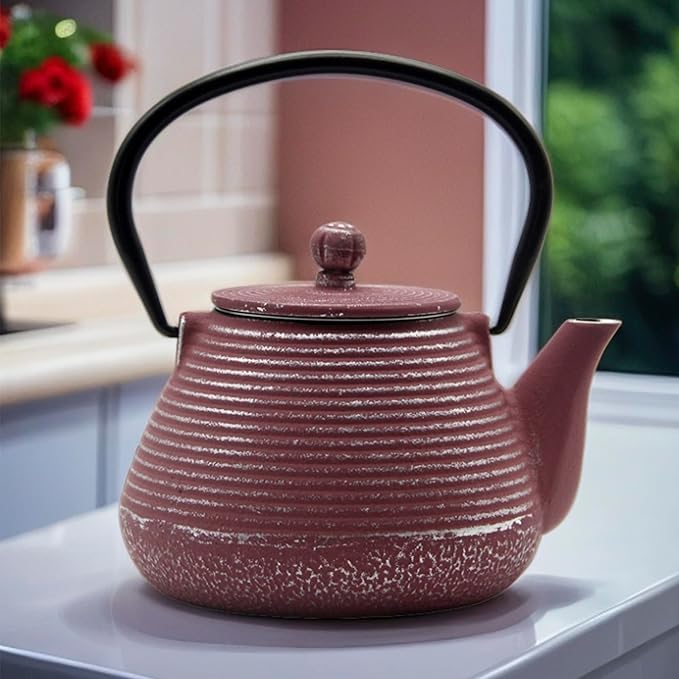 20.3oz Small Cast Iron Teapot, SECHUDO Tea Kettle for Stovetop Safe Coated with Enameled Interior, Tea Pot with Stainless Steel Infuser for Loose Tea (Pink Pinstripe Pattern)