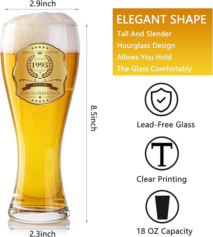 30th Birthday Beer Glasses Gifts, Personalized '1995' Vintage Glass Ware Set for Men, Black Gift Package with Drinking Glass, Coaster, and Card for 30 Years Old Man