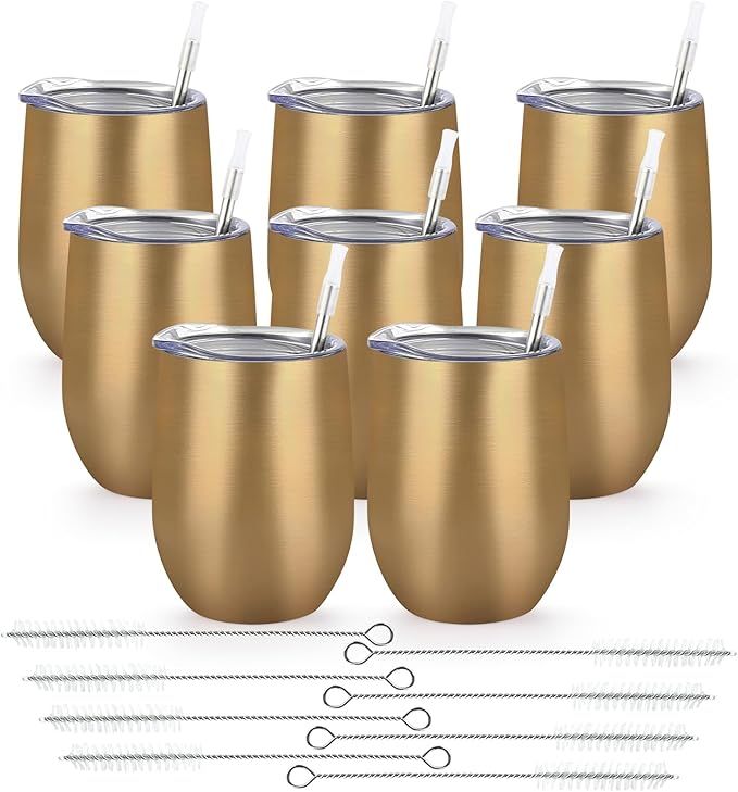 Lifecapido 8 Pack 12oz Stainless Steel Wine Tumblers, Insulated Wine Tumbler, Double Wall Insulated Wine Glass, Stainless Steel Stemless Wine Cups with Lids for Coffee, Wine, Champaign, Gold