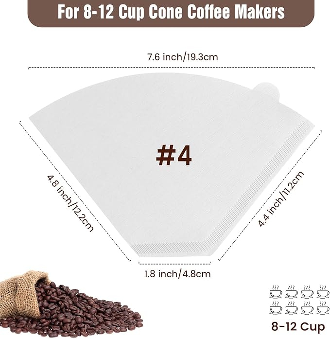 200 Count Cone Coffee Filters #4, White Size 04 Coffee Filters 8-12 Cup, Disposable Natural Paper Filters, No.4 Cone Filters For Ninja, Pour Over and Drip Coffee Maker