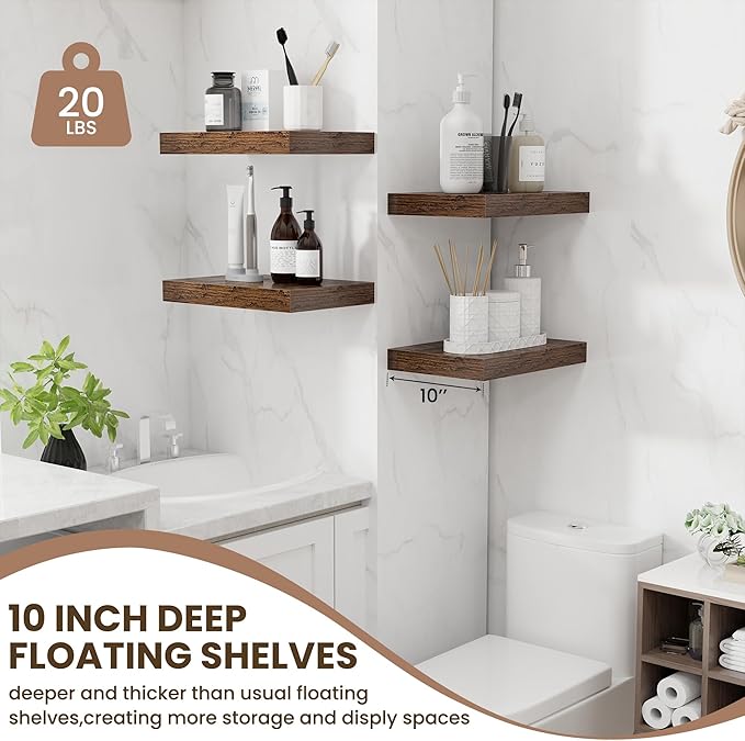 Fun Memories Floating Shelves for Wall - 10 x 16 Floating Shelf - Rustic Wood Storage Shelf - Wall Shelves with Invisible Bracket - 16" Bookshelves for Living Room & Bedroom - Rustic Brown - Set of 2